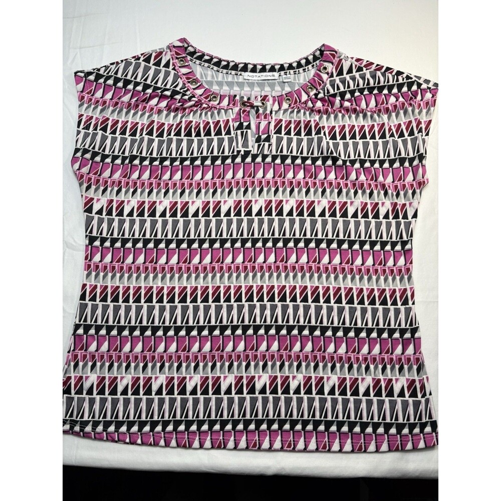 Notations Pink Black White Geometric Round Neck Grommet Pullover Top S